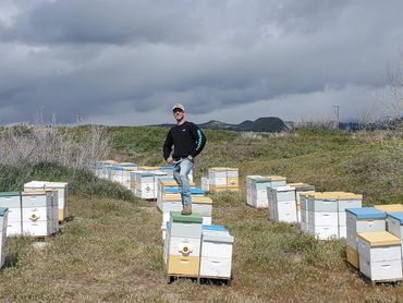 A man stands confidently on a beehive box in an apiary under a cloudy sky.