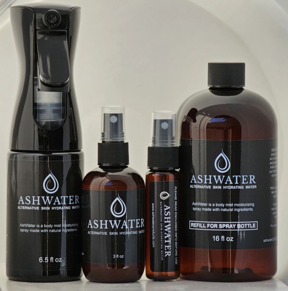 AshWater Products full line of sizes of bottles. Natural spray moisturizer for healthy skin.