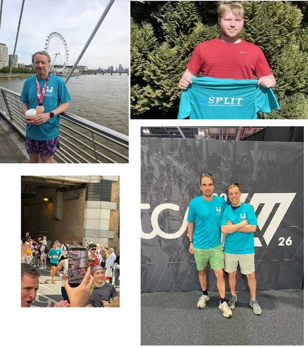 Collage of runners and supporters in blue event shirts at a race in London.