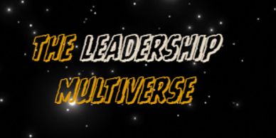 Text 'The Leadership Multiverse' glowing in space-themed background.