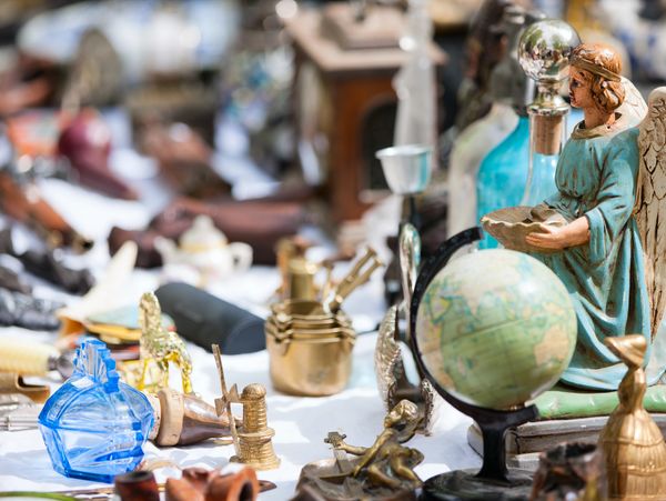 Close up details of flea market stall in Bruges, Belgium