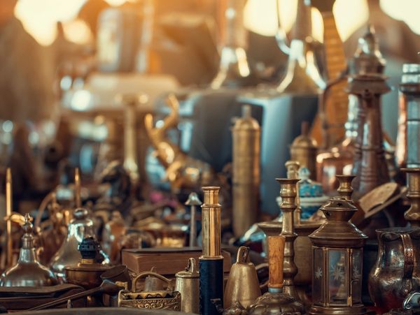 vintage furniture on the counter in the Sunday flea market. Antique bazaar