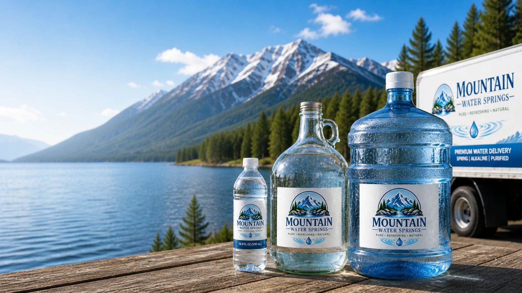 Three bottles of Mountain Water Springs on a wooden dock by a lake with mountains in the background.