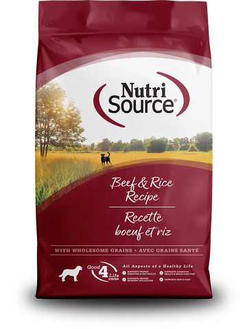 NutriSource Beef & Rice Recipe dog food bag with outdoor scenery.