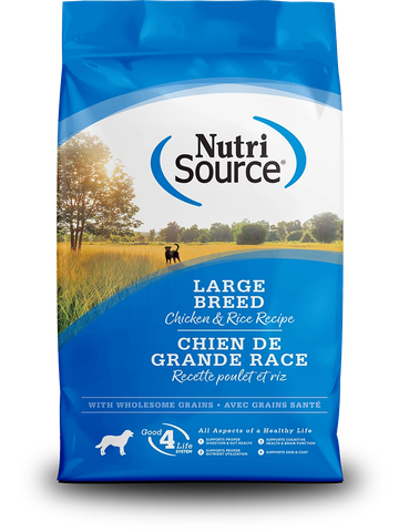 NutriSource Large Breed Chicken & Rice dog food bag.