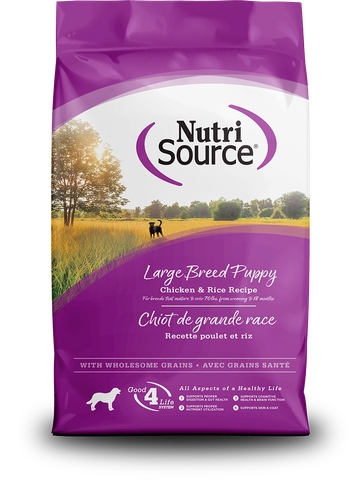 Nutri Source Large Breed Puppy Chicken & Rice dog food bag with nature background.