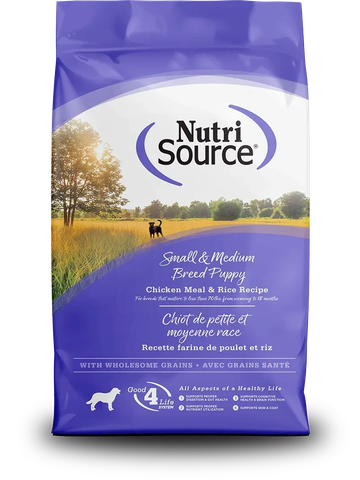 Nutri Source dog food for small and medium breed puppies with chicken meal and rice.