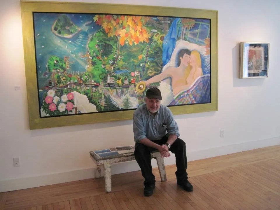C. Wilder Oakes in front of his painting  THE LOVERS OVER PORT CLYDE at gallery exhibition 