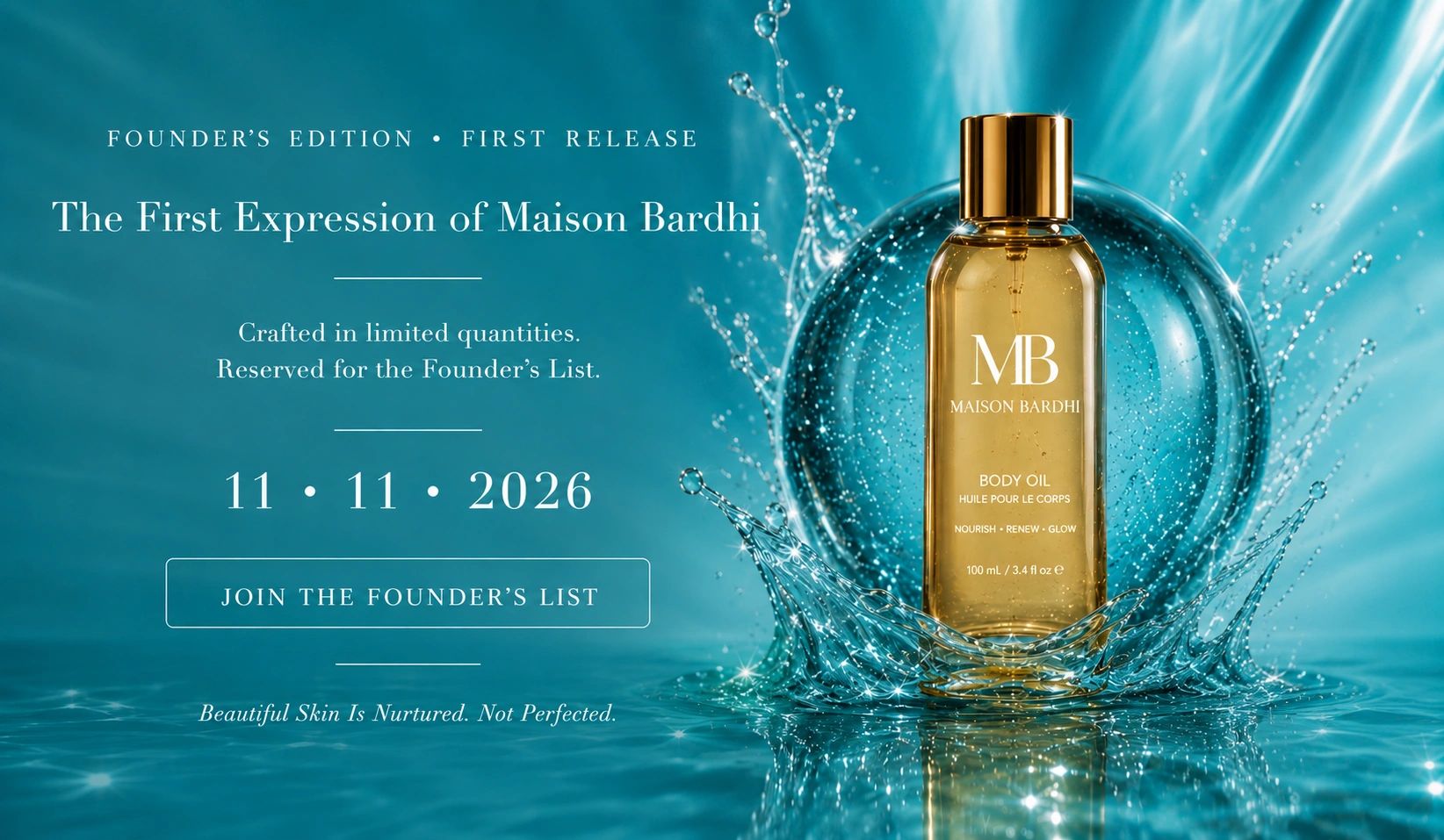 Maison Bardhi body oil launch announcement with water splash.