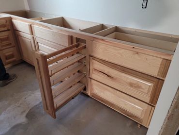 Hickory kitchen with spice rack pull out