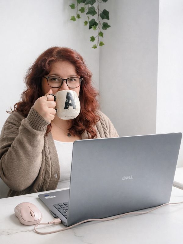 Woman with red hair drinks coffee while working on a laptop.