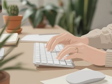 Hands typing on a wireless keyboard at a tidy desk.
