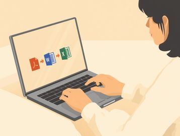Person using a laptop with Microsoft Office icons on screen.