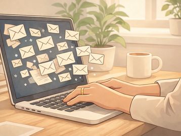 Person typing on laptop with many email icons floating around.