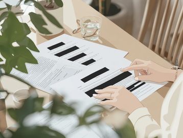 Person analyzing printed bar charts and documents at a table.