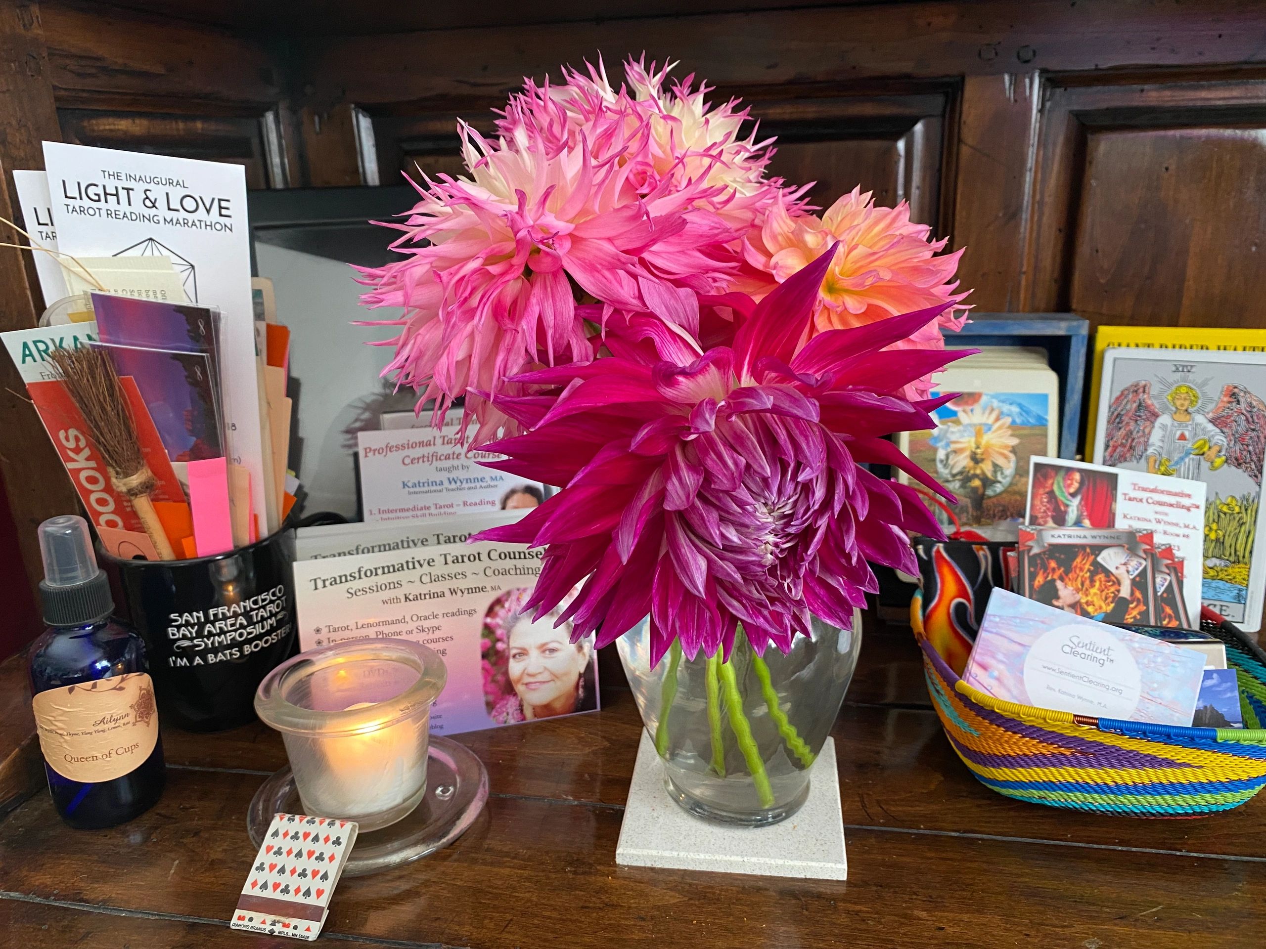 Tarot counseling, Tarot cards, altar, candle, aromatherapy, business cards, donation, gift