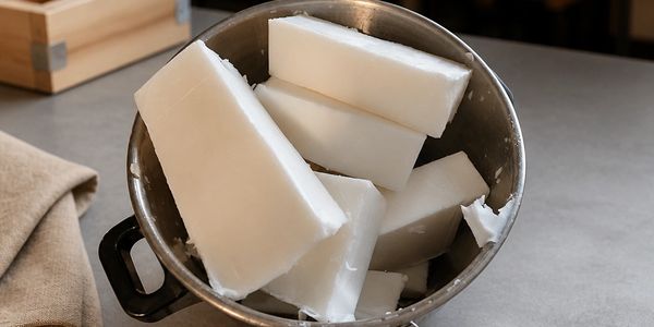 White wax blocks stacked in a metal bowl on a table.