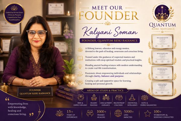 Founder Kalyani Soman sharing holistic learning, meditation, emotional intelligence and spiritual wisdom through Quantum Reiki Radiance.