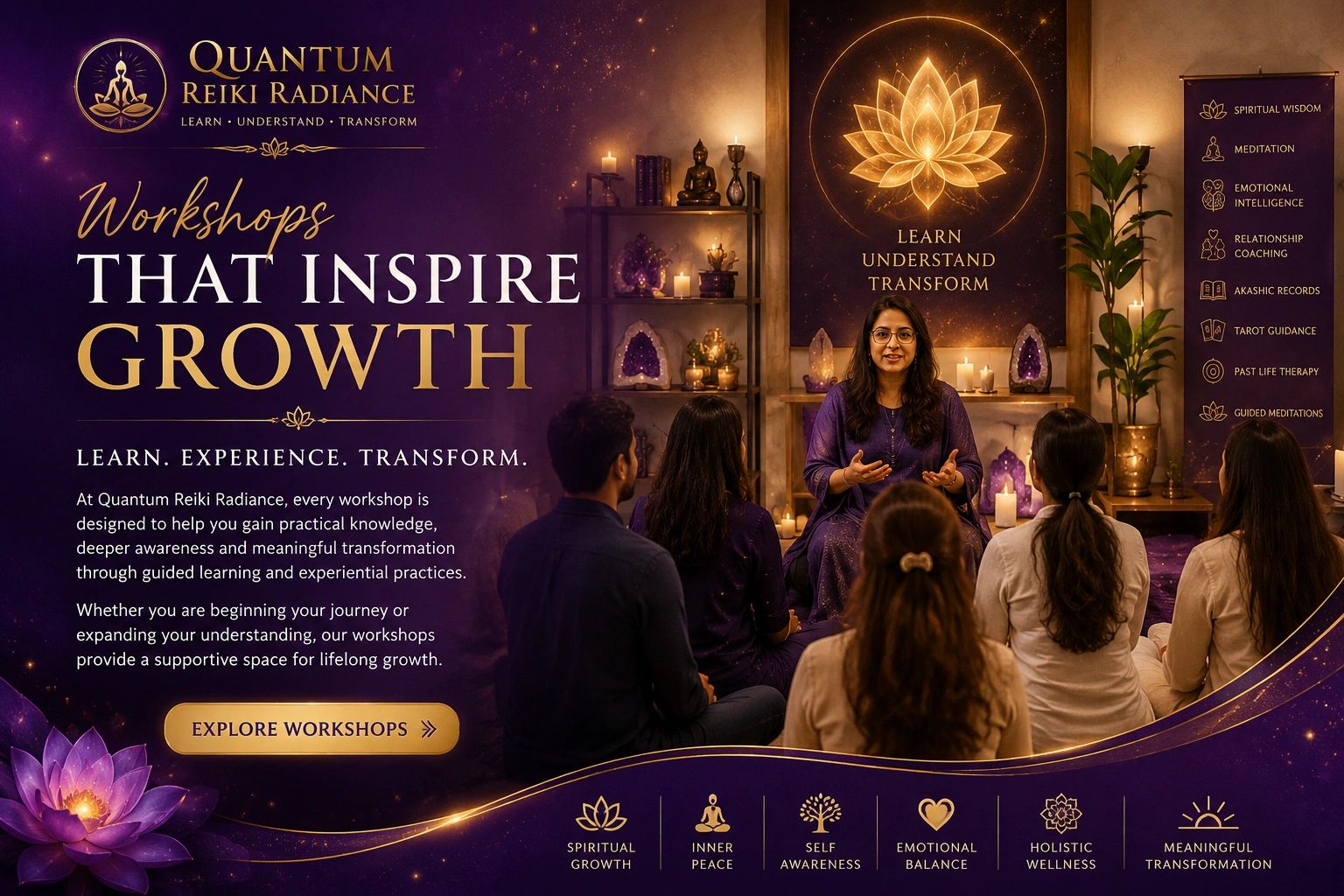 Participants experiencing holistic learning, meditation and personal growth during a Quantum Reiki Radiance workshop.