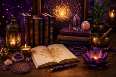 An elegant wooden desk with an open journal, fountain pen, ancient books, spectacles, tea, crystals, and soft golden light, representing thoughtful writing and knowledge.
