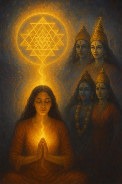 Meditating woman glowing with spiritual energy and divine figures.