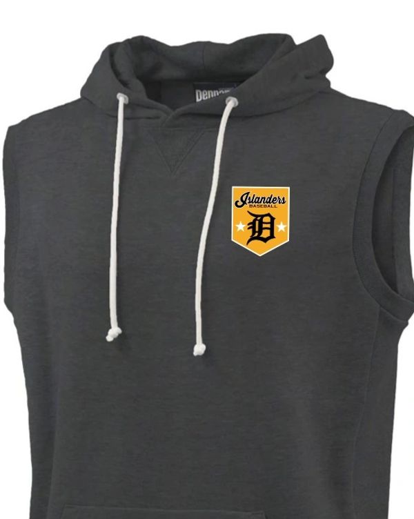Sleeveless black hoodie with Islanders Baseball logo and white drawstrings.