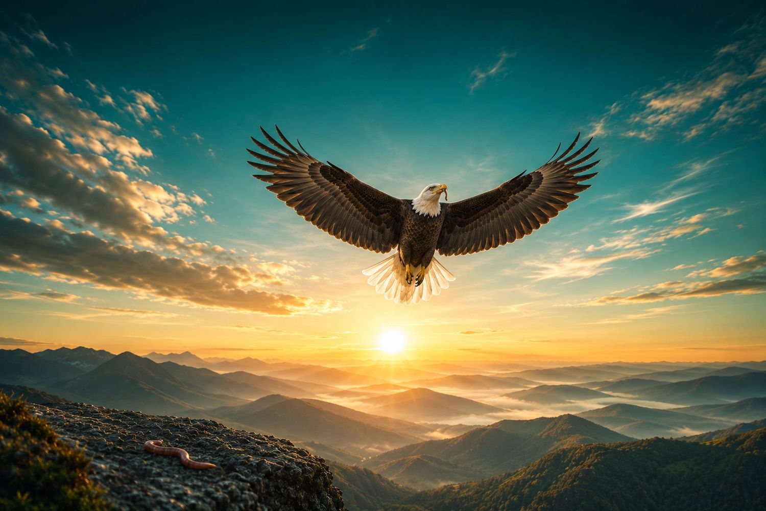 Bald eagle soaring at sunrise over misty mountains.