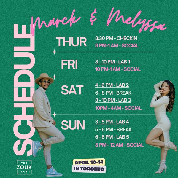 Event schedule for Marck & Melyssa from April 10-14 in Toronto.