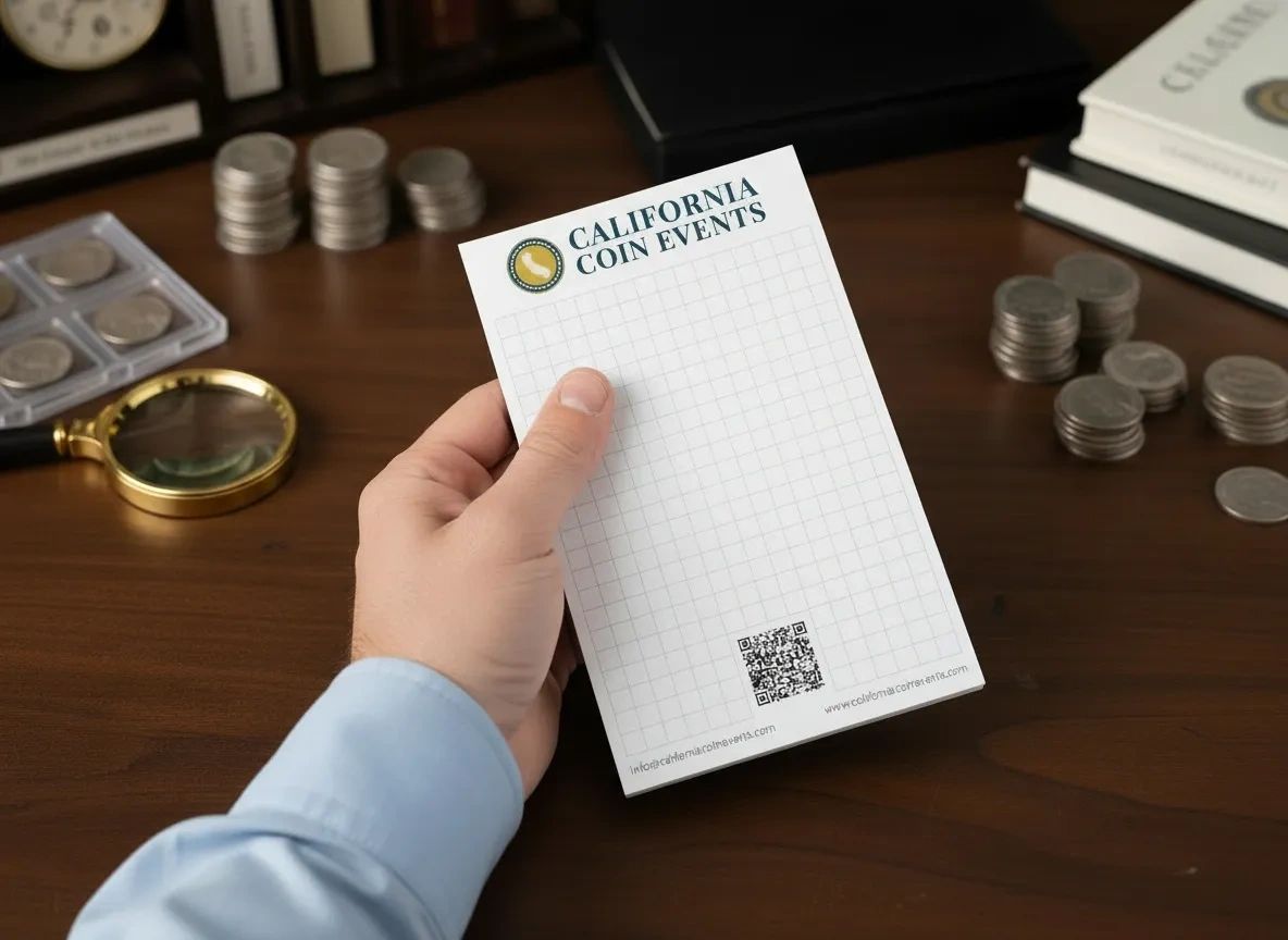 Hand holding California Coin Events Notepad