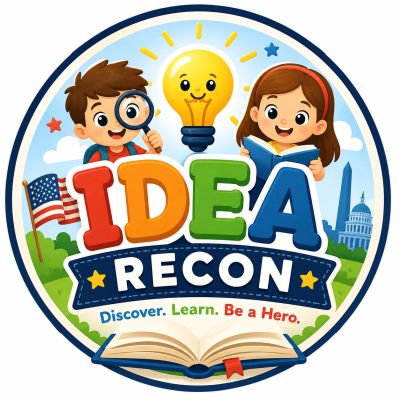 Children exploring ideas with a lightbulb and book in a colorful educational logo.