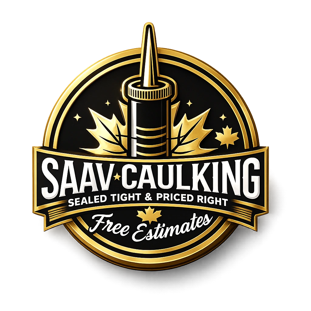 Elegant gold and black logo for SAAV Caulking with a caulking gun and maple leaves.