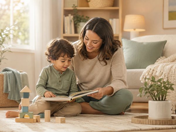 Mother and son reading a book together at home.
