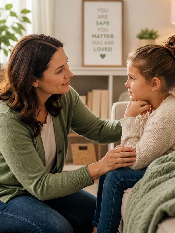 Woman comforting a girl with a supportive smile.