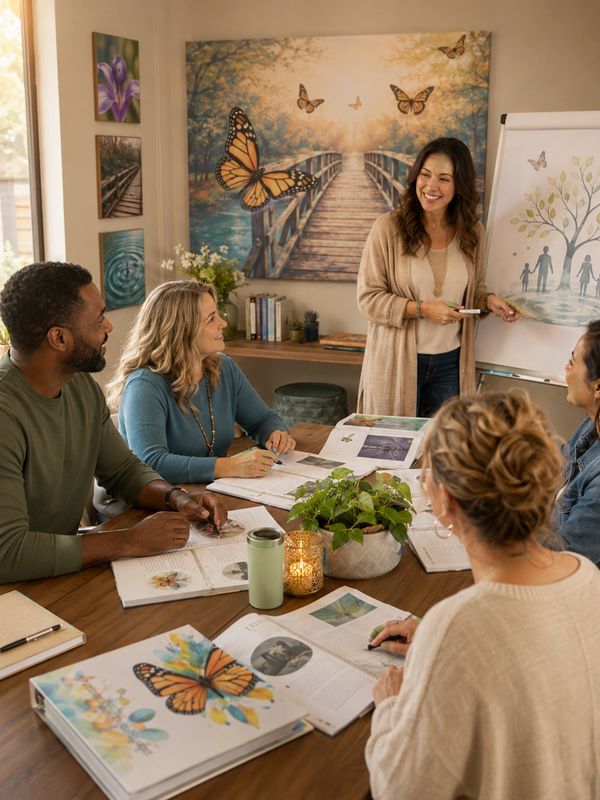 Group having a parenting-themed discussion around a table.