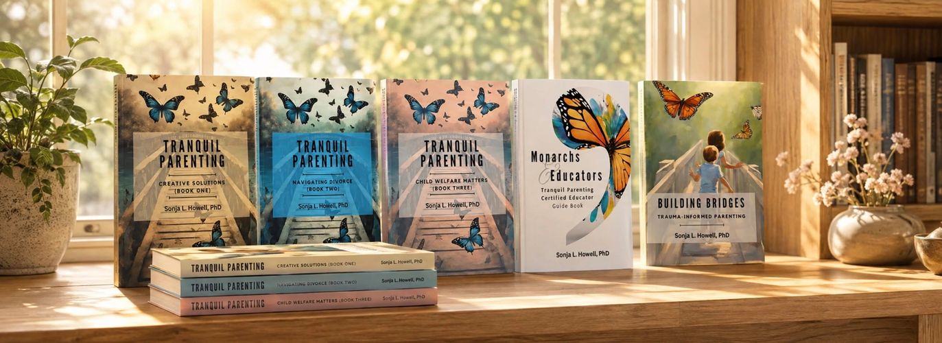 Books on tranquil parenting arranged on a wooden surface.