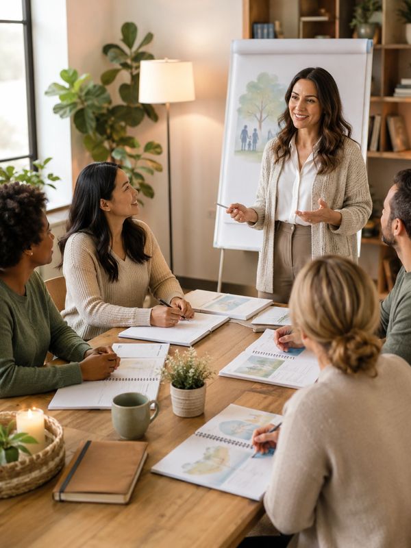 A woman leads a discussion with colleagues around a table.