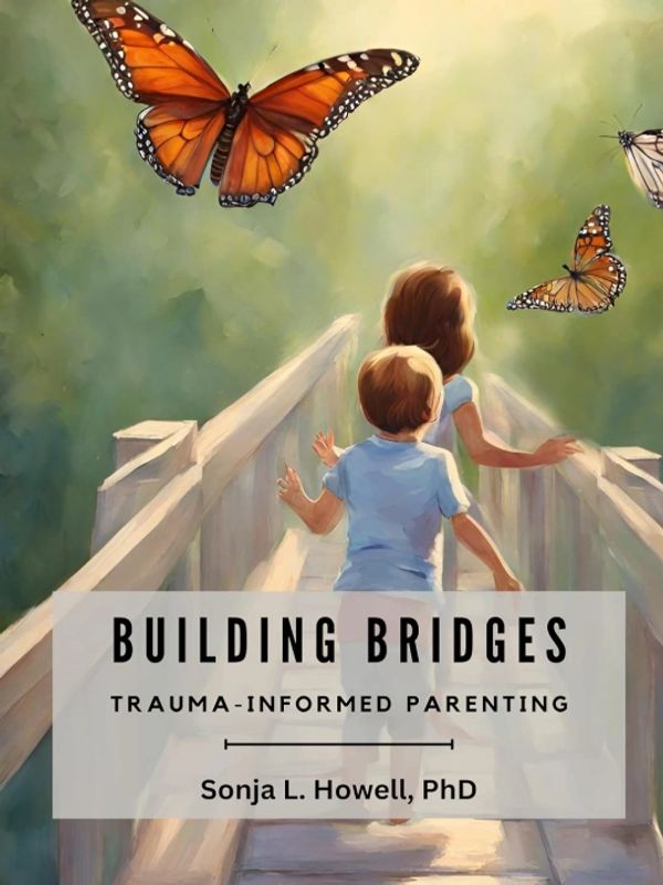 Tranquil Parenting book cover with children walking on a bridge with butterflies and a parenting book title.