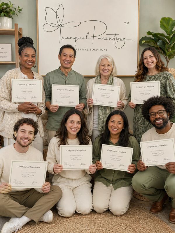 Group holding certificates of completion at Tranquil Parenting.