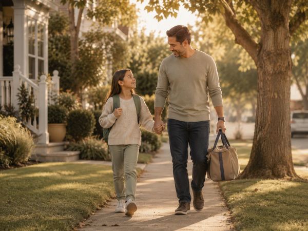 Father and daughter walking hand in hand in a neighborhood.