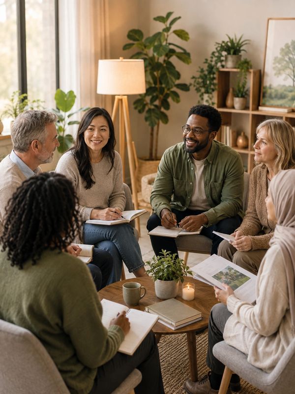 Group educational session in a cozy living room setting.