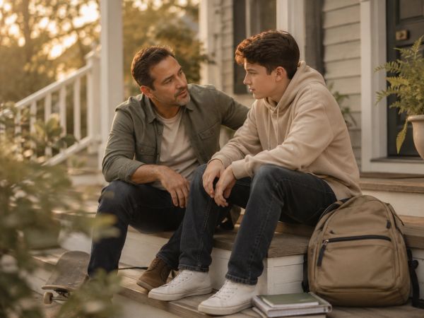 A father and son having a heartfelt conversation on the front porch.