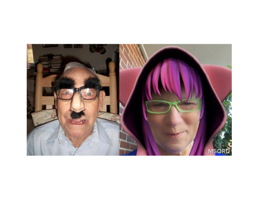 Two people using humorous face filters, one with Groucho Marx glasses and mustache, the other with colorful hair and glasses.
