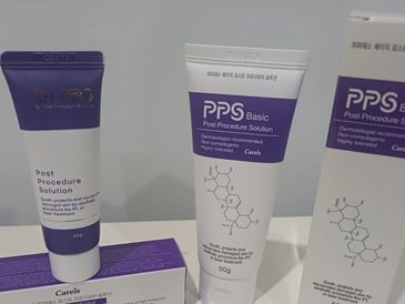 Dr. PPS and PPS Basic post-procedure skin care solutions in tubes and boxes.