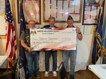 2023 Poker Run proceeds presented to Bill Williams, Patriotic Productions, at our September 2023 mee