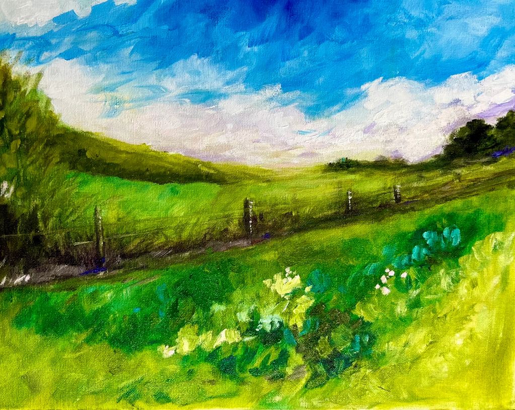 landscape, summer meadow, farmland, green fields, blue sky, flowers, pasture