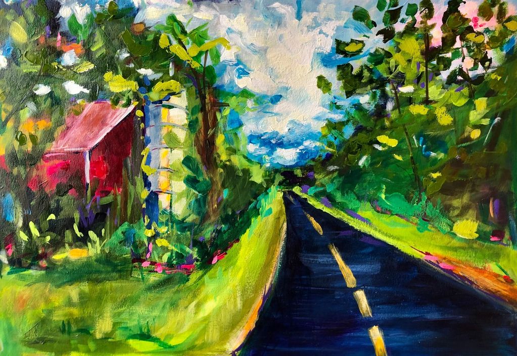 farm road, red barn, country, summer