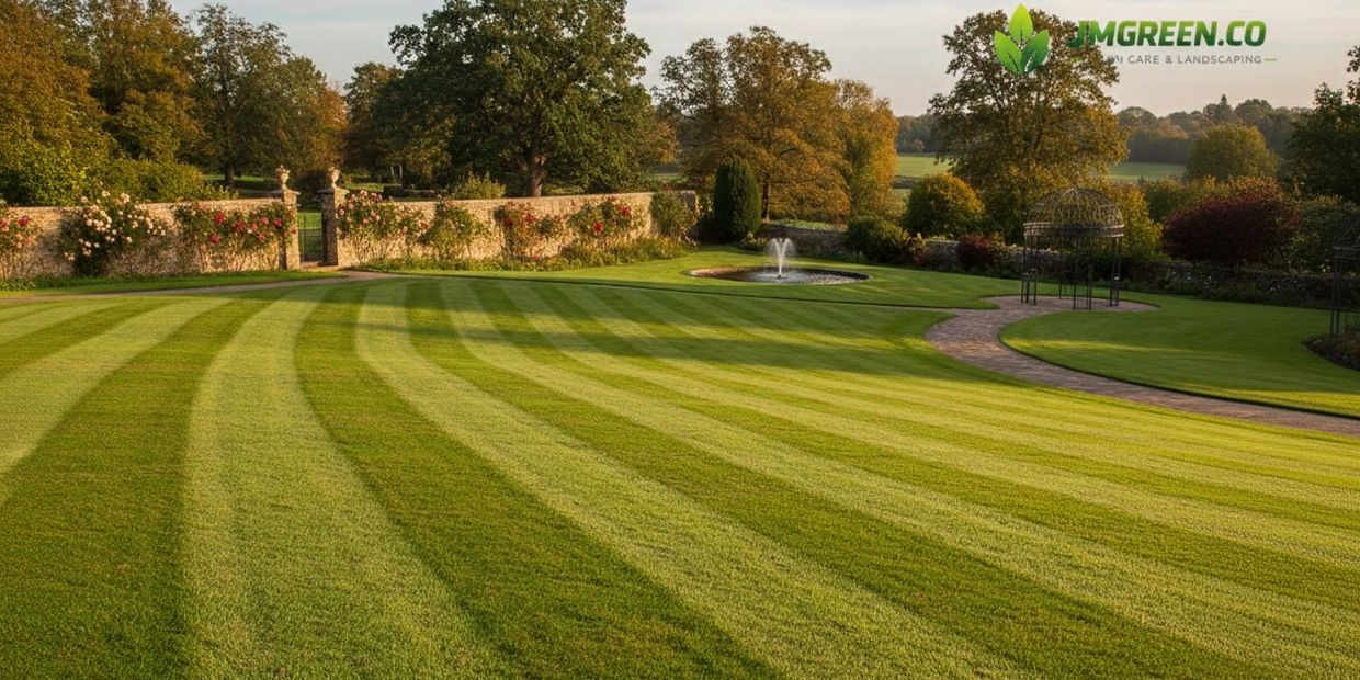 A beautifully manicured lawn with striped mowing patterns and a stone wall garden.