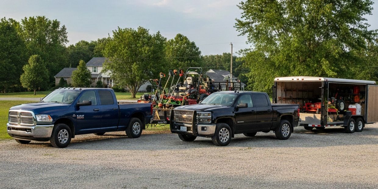 Two trucks with trailers loaded with lawn care equipment parked on gravel.