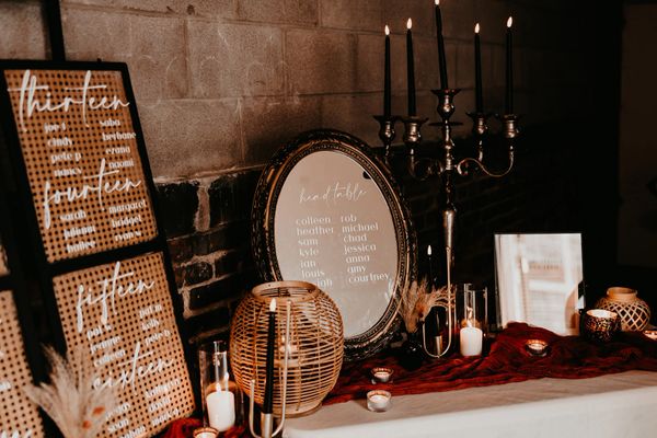 seating chart on industrial windows with rattan backing & rose gold mirror cleveland custom signage