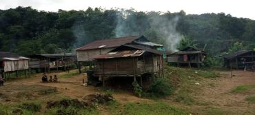 Smoke rises from wooden houses in a rural village surrounded by greenery.